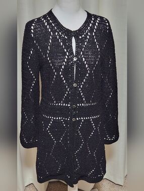 Doncaster Silk Collection Soft Girl Black Crochet Cardigan Sz Medium